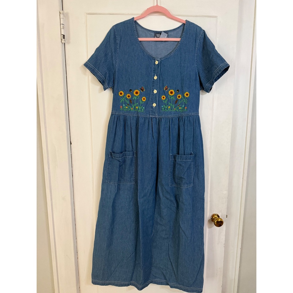 True Blue Denim Maxi Dress Womens Large Sunflower Embroidered Cottagecore Blue